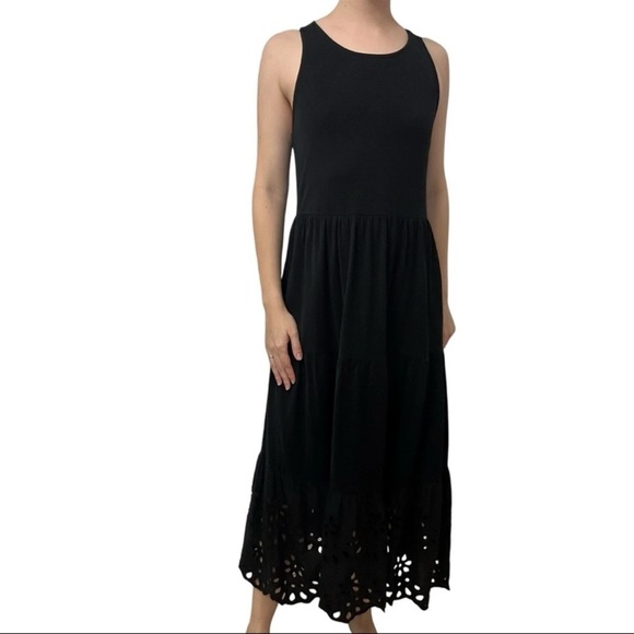 J Crew Tiered Knit Midi Dress Eyelet Black XL Cottagecore Casual Coastal Grandma - Picture 1 of 11